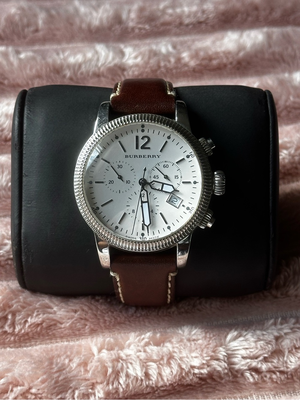 Burberry Utilitarian Chronograph White Dial Brown Leather Strap Watch For Men